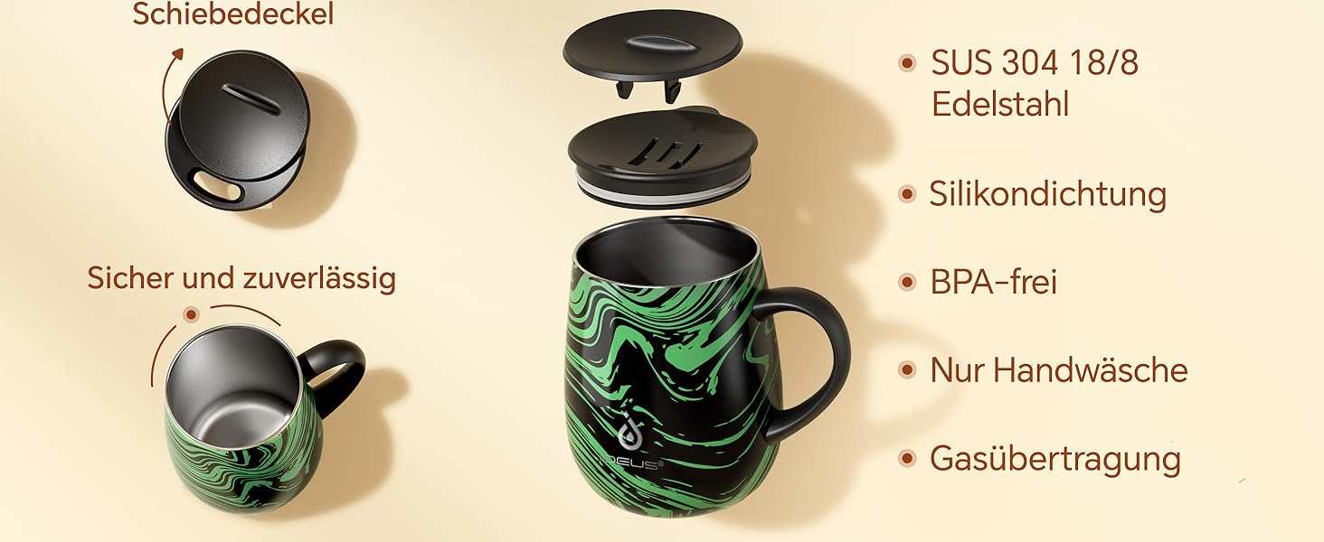 Кружка для кави та чаю Ideus 470 мл з подвійними стінками, нержавіюча сталь, з неслизьким ручним тримачем та кришкою-відкидником, великий об'єм (Трав'яний зелений)