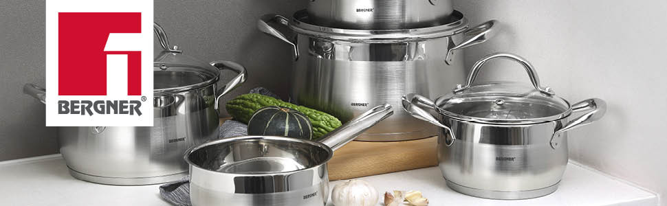 BERGNER Gourmet | Stockpot with Glass Lid | 8 L Capacity | Made of Stainless Steel | Ergonomic Handles | Kitchen Appliances | Suitable for All Cooktops (24 x 5.5 CM)
