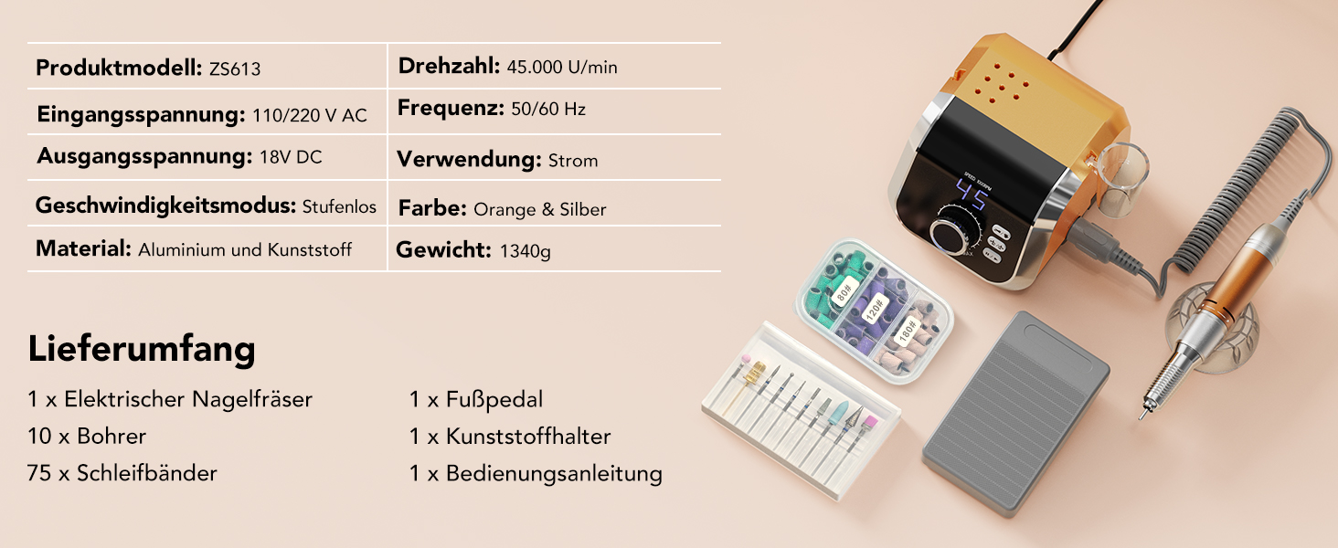 Професійний електричний фрезер для нігтів Nagelfräser 45000 об/хв з педаллю, LCD дисплеєм, 45 швидкостей, F/R, функція паузи, для гель-манікюру, для салону та дому