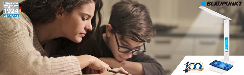 LED-лампа Blaupunkt настільна з бездротовим зарядним пристроєм, USB-порт, регулювання яскравості, 5 кольорів, гнучкий кріплення, для офісу та читання, LCD-дисплей (годинник, календар, термометр)