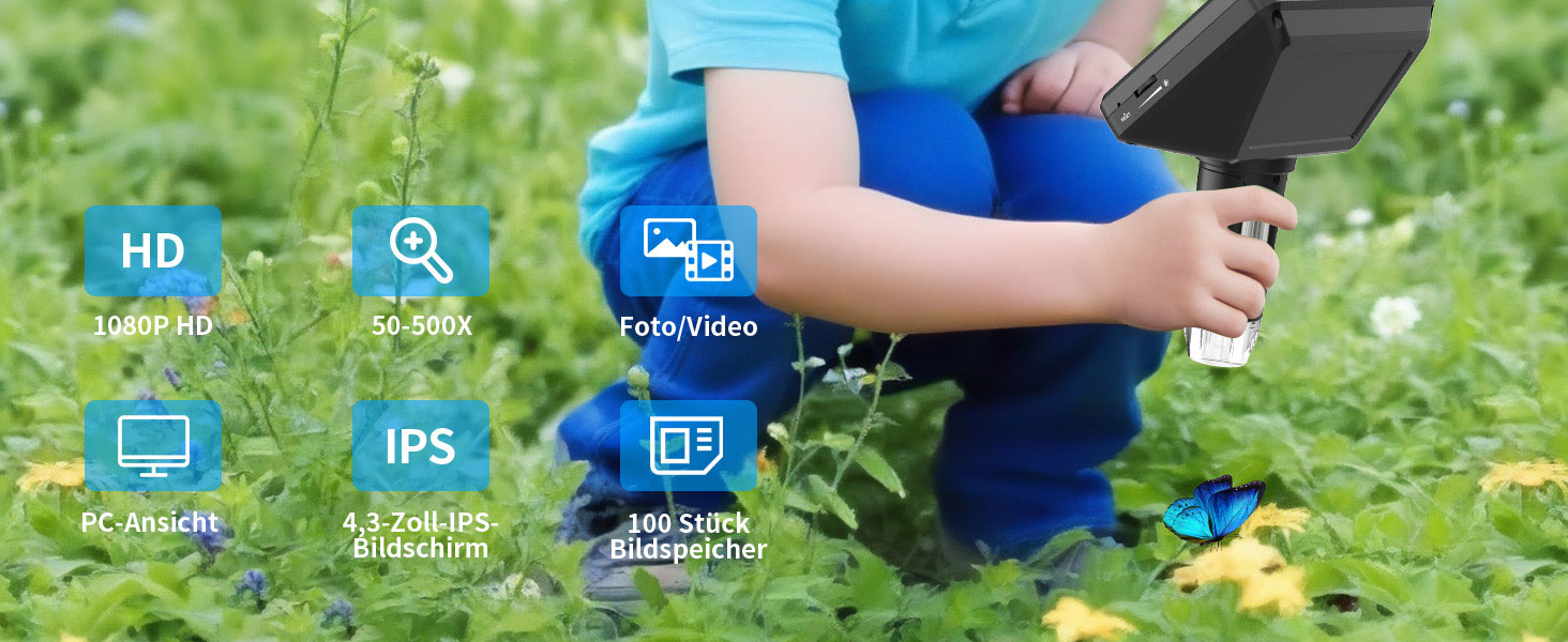 Цифровий мікроскоп Ashfly LCD 500x з дисплеєм 4.3 дюйма, 1080P, USB, 8 LED, сумісний з MacOS/Windows, для дітей та дорослих