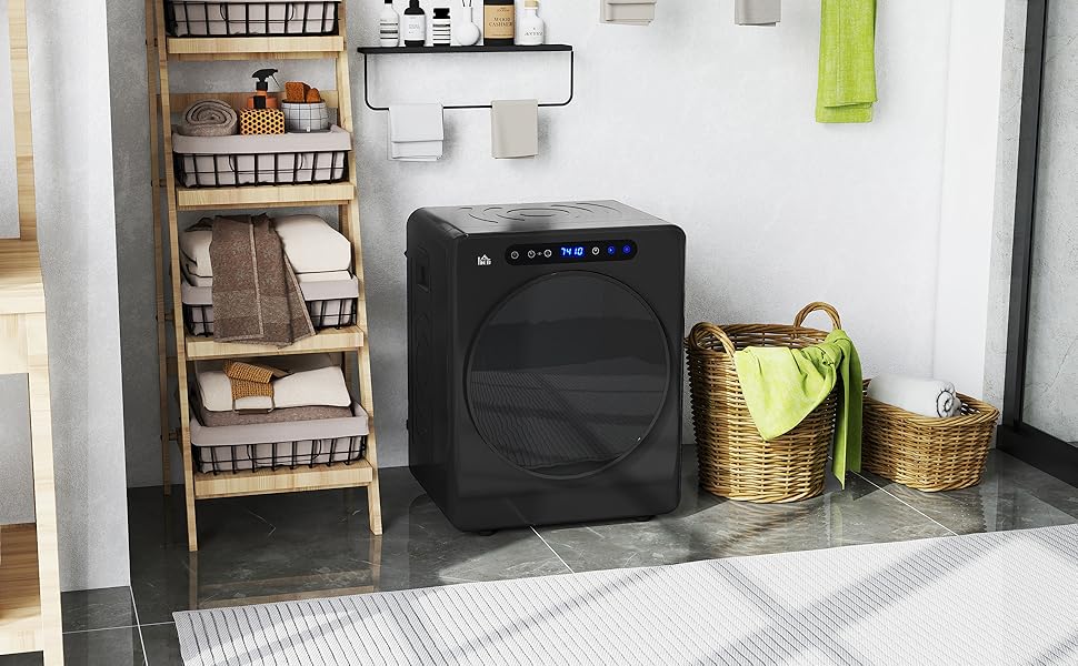 HOMCOM Міні сушарка для білизни 3 кг з дезінфекцією, 6 програм, 1000W, сенсорний дисплей, чорна