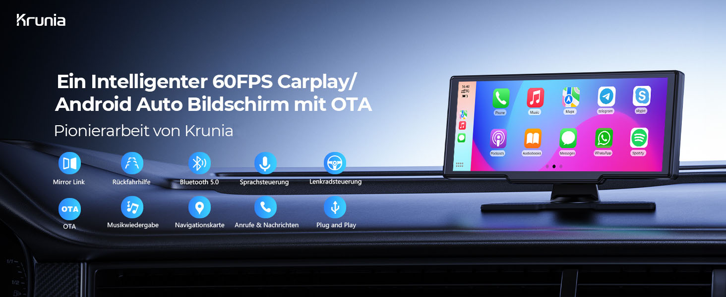 Krunia 8.1'' Бездротовий портативний CarPlay-екран 60FPS для Apple CarPlay та Android Auto з OTA-оновленнями, камерою заднього виду, Mirror Link, Bluetooth, голосовим керуванням та GPS-навігацією