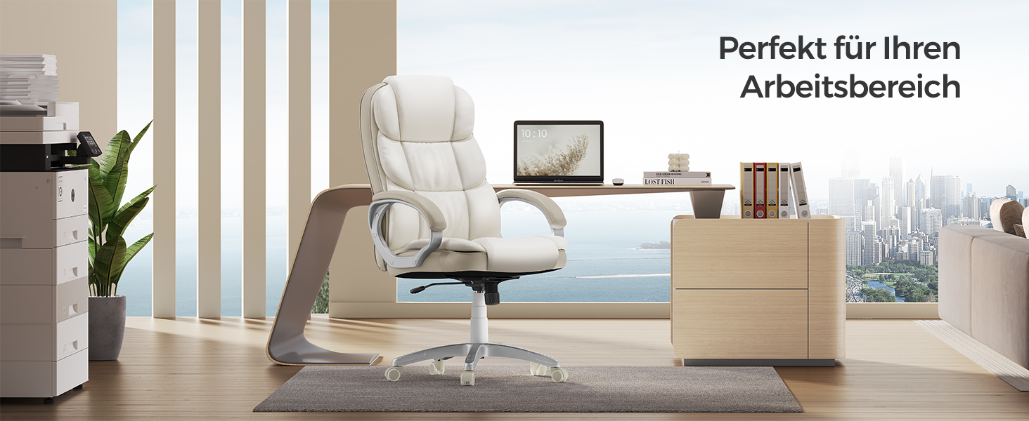 Крісло офісне SONGMICS для офісу та дому, крісло для комп'ютера, регулювання висоти сидіння, оббивка, OBG22B (кремовий, 53 x 51 x (112-122) см)