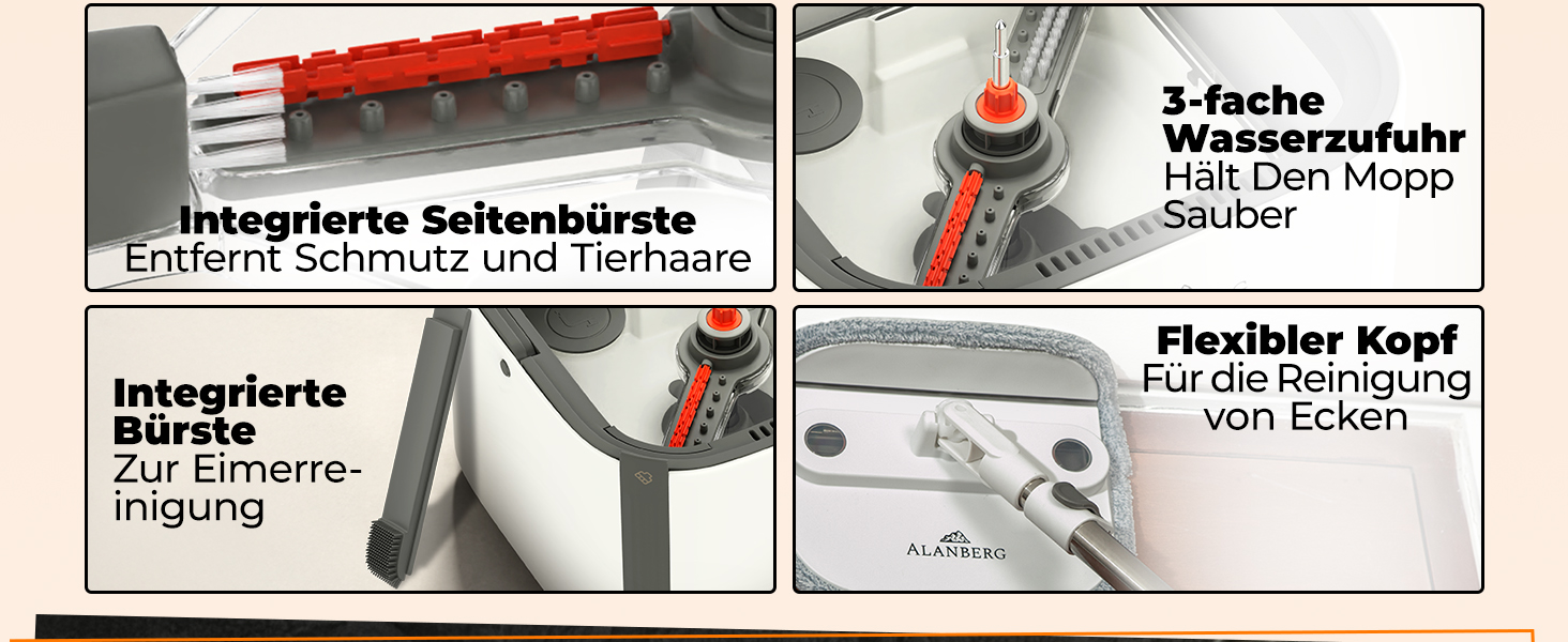 Набір для миття підлоги з відром ALANBERG® Gen2, білий: 360° самовіджимання, система з двома камерами, 2 мікрофібрових насадок
