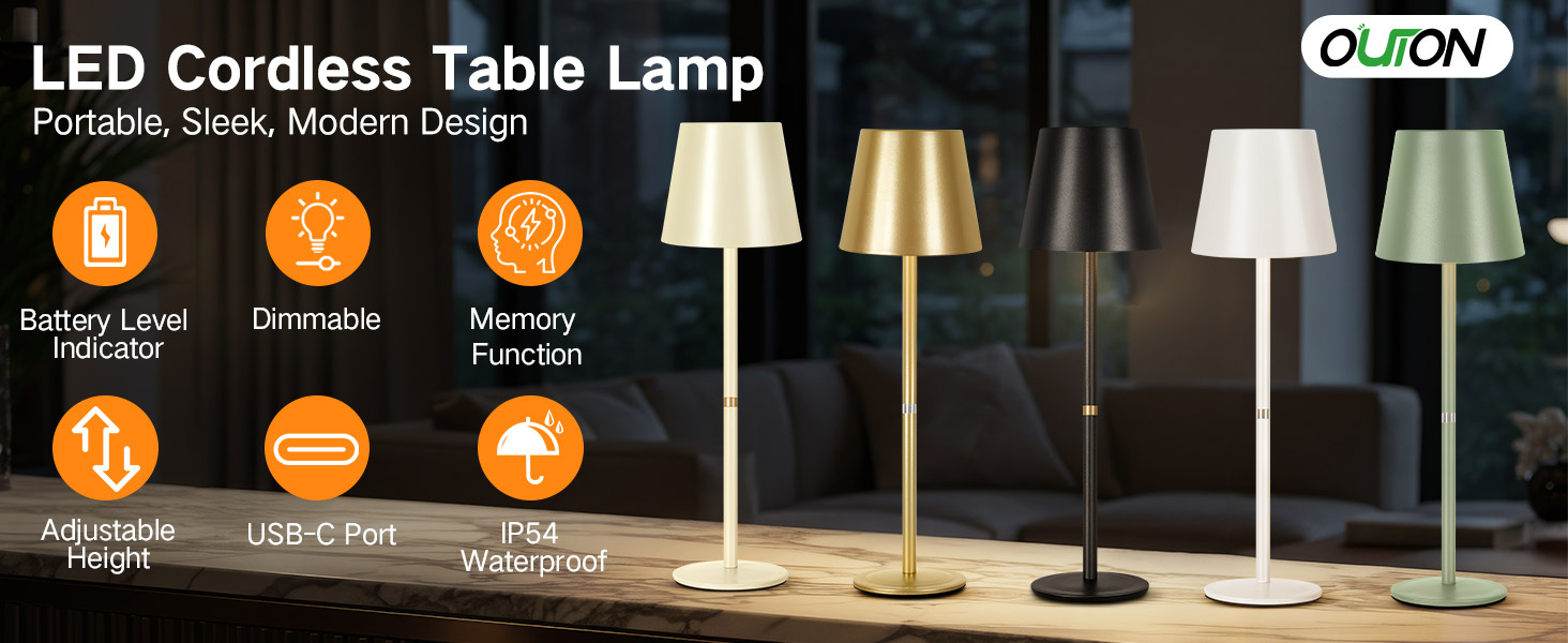 OUTON LED Настільна лампа 2 шт. Бездротова з зарядкою, сенсорне керування, 3 режими, IP54, 30 годин роботи, для дому та відпочинку, чорна