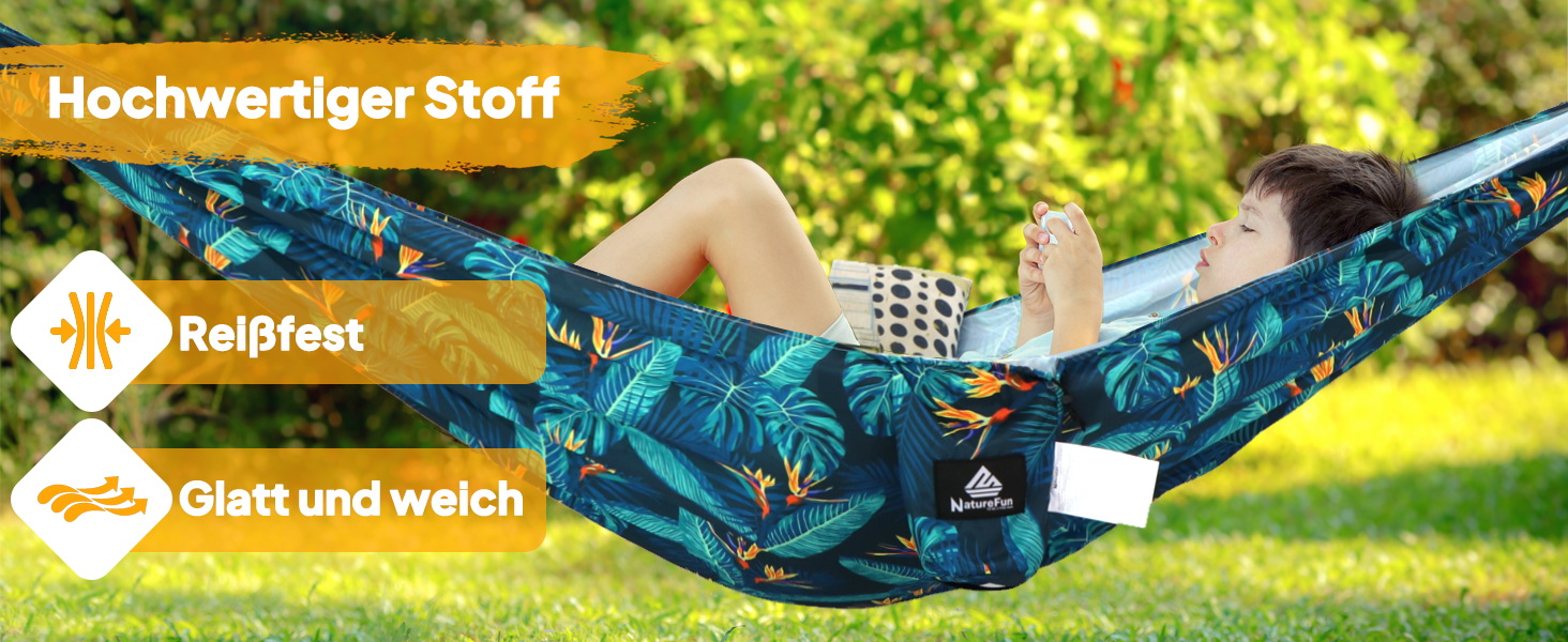 Гамак для кемпінгу NATUREFUN | Легкий, 300 кг, дихаючий, швидковисихаючий, нейлон, 2 карабіни, 2 петлі, армійний зелений (275 x 140 см, Богема)