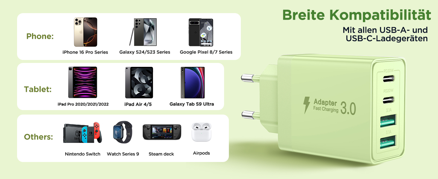 Мережевий адаптер Aioneus USB-C з 4 портами, 40W, PD 3.0, білий (1 шт., світло-зелений)