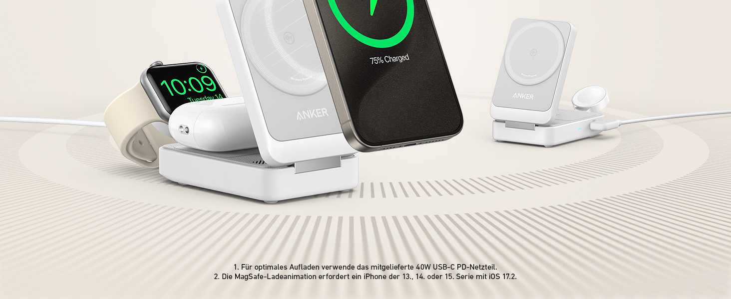 Anker MagGo 3-в-1 Бездротова Зарядна Станція Qi2 15W, Сумісна з MagSafe, для iPhone 17/16/15/14, Apple Watch 9, AirPods (з USB-C адаптером 40W) - Біла
