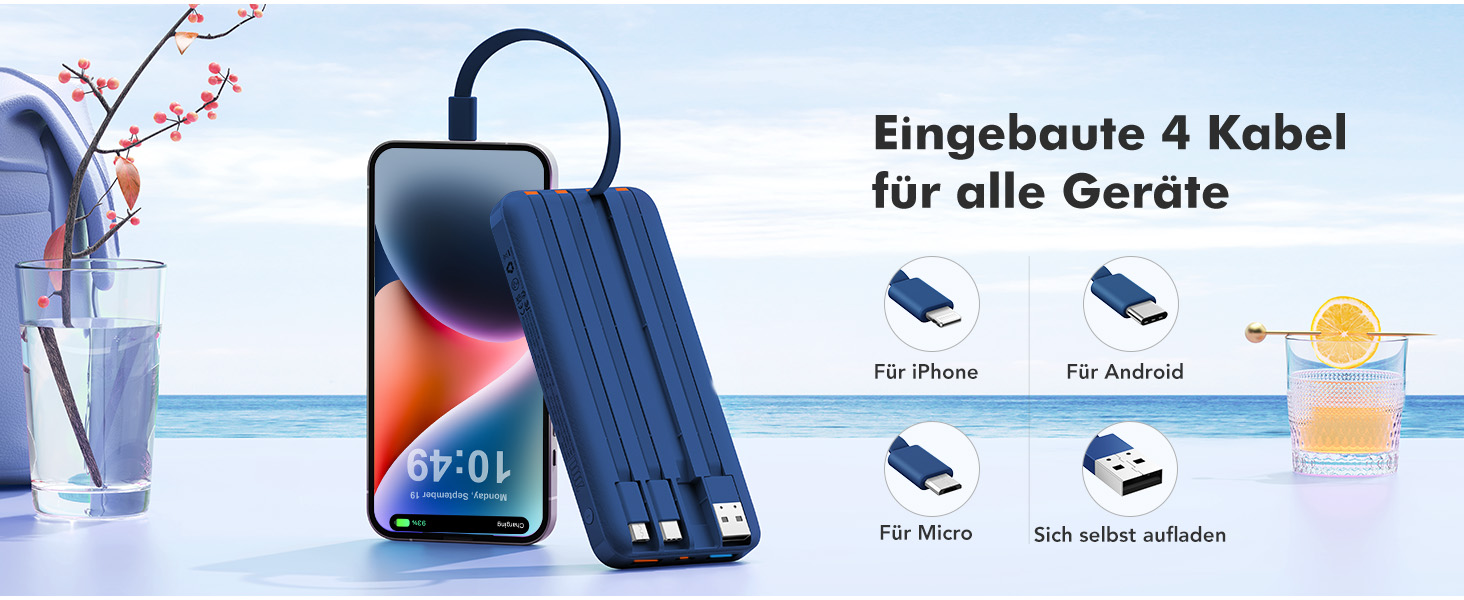 Power Bank Charmast 20000mAh з LED-дисплеєм та 4 кабелями, 22.5W, USB C PD3.0 QC4.0, 6 виходів, сумісний з iPhone та Samsung