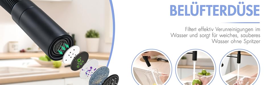 Сучасна кухонна змішувач AIMADI з висувною лійкою, поворотним гусаком на 360°, чорний/рожеве золото, для кухні та мийки