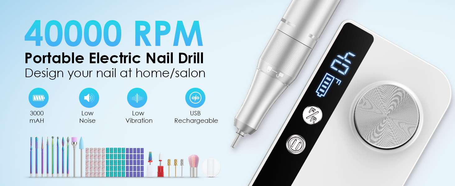 Електричний фрезер для нігтів з LCD дисплеєм, 40000 об/хв, 15 насадок, для манікюру та педикюру, F/R напрямок обертання, для салону та дому (білий)