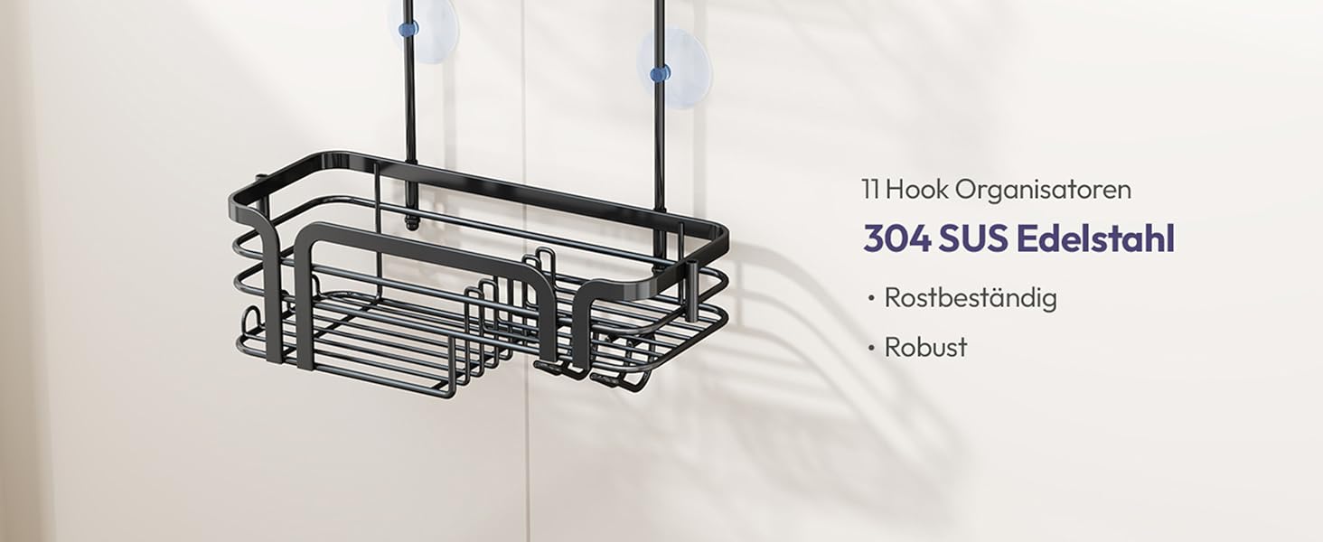 Поличка для душу SWTYMIKI з мильницею та 11 гачками, з нержавіючої сталі, чорна