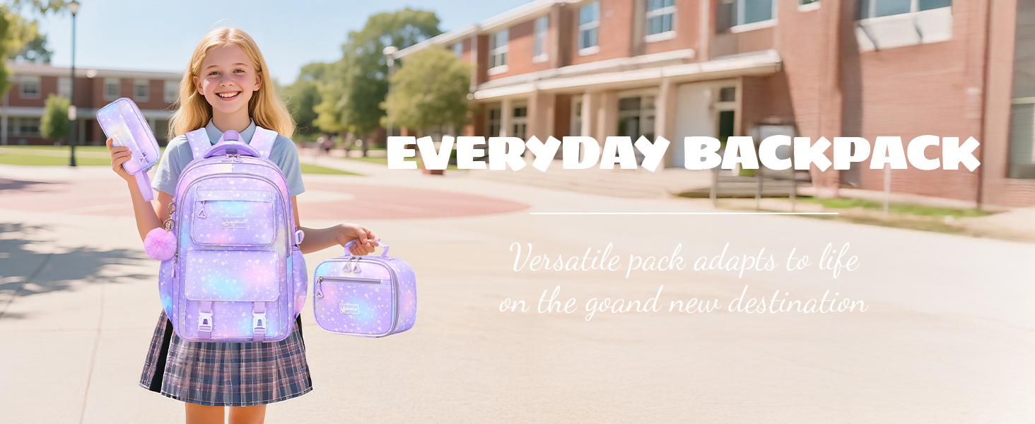 Шкільний рюкзак для дівчинки-підлітка 3 в 1, 2025, з ланч-боксом та пеналом, для ноутбука 15.6', гімназія, старша школа, подорожі - фіолетовий