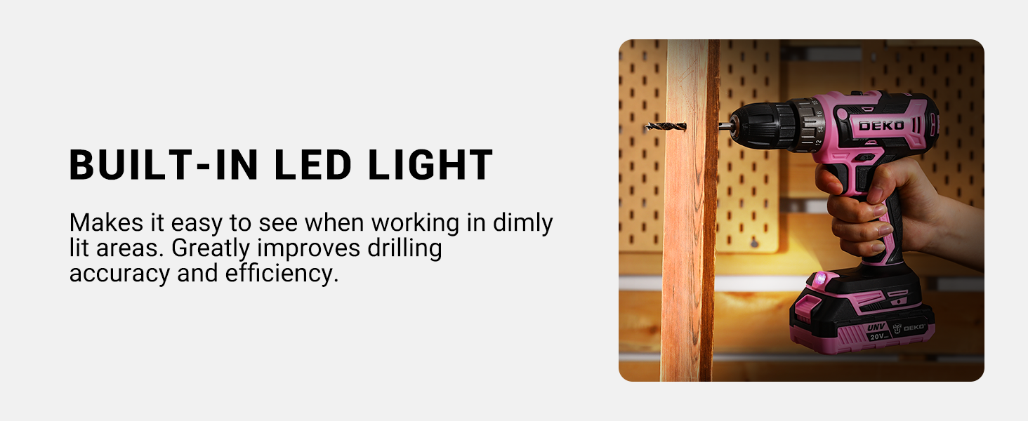 Акумуляторний шурупокрут DEKOPRO 20V 40 Nm: комплект з 2 акумуляторами, LED, 18+1 момент, для дому та DIY, рожевий