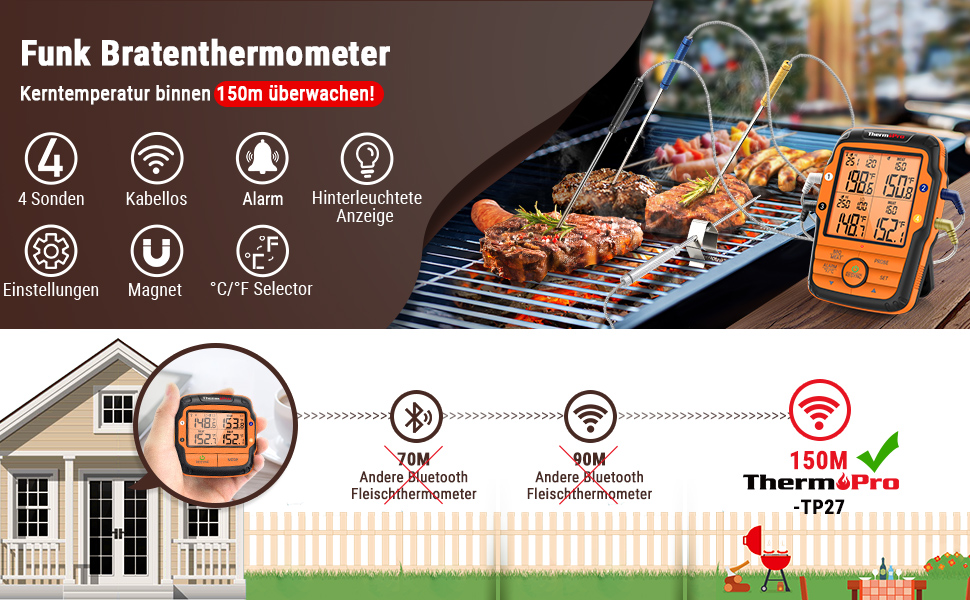 Термометр для гриля ThermoPro TP27C, 150 м, 4 зонда, водонепроникний, великий LCD, для барбекю, газового гриля, Dutch Oven