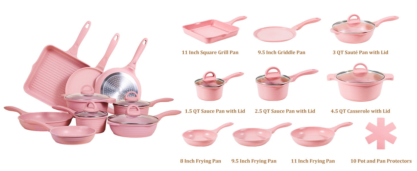JEETEE 23-Piece Pink Cookware Set - Nonstick Granite Pots and Pans Set for Induction, Gas, Electric & Ceramic Stoves - Perfect Gift Set