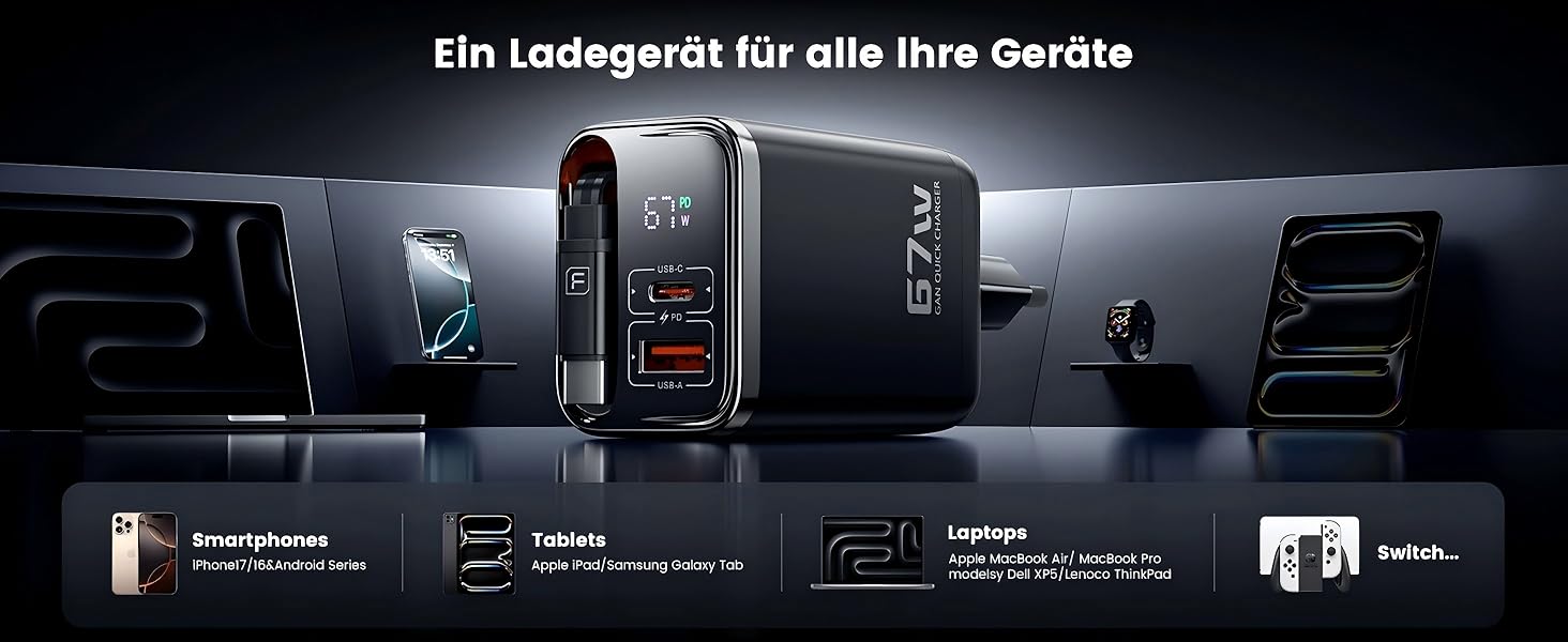 Зарядний пристрій USB-C toocki GaN 67W з LED дисплеєм та вбудованим кабелем для MacBook, iPhone 17 Pro Max, Samsung Galaxy S24 Ultra/S23, Nintendo Switch, ноутбуків та смартфонів - Чорний