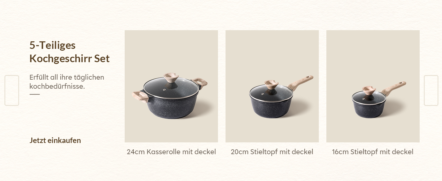 Набір посуду Kordisen з антипригарним покриттям, 5 предметів: каструлі та сковорідки. Безпечний, сумісний з індукцією, PFOA та PFAS free