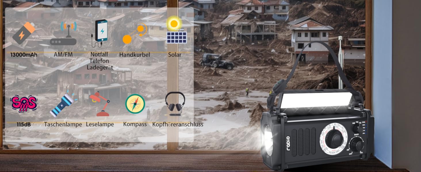 Радіо на сонячній енергії та з ручним крученням 13000mAh, AM/FM/SW, USB-зарядка, ліхтарик 800LM, компас, SOS-сигнал, чорний