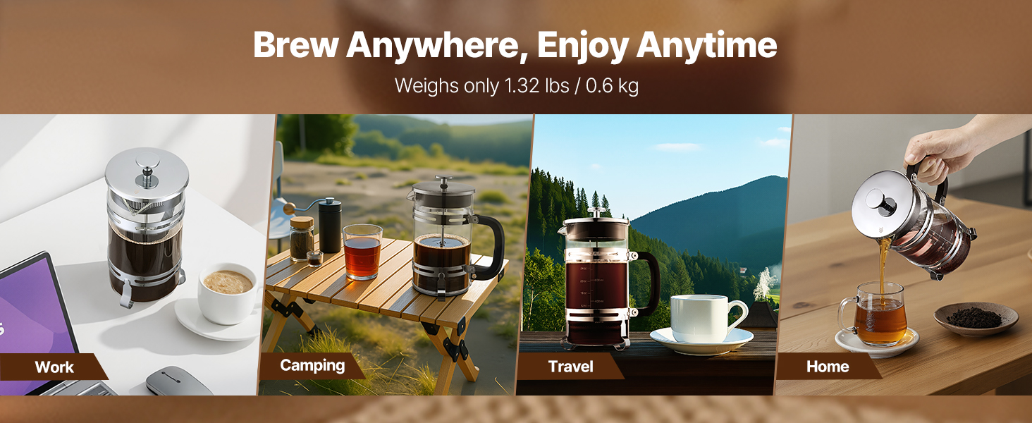 Френч-прес VEVOR 1 л з боросилікатного скла та нержавіючої сталі - для приготування кави, чаю, кемпінгу, подорожей, кухні, ресторану