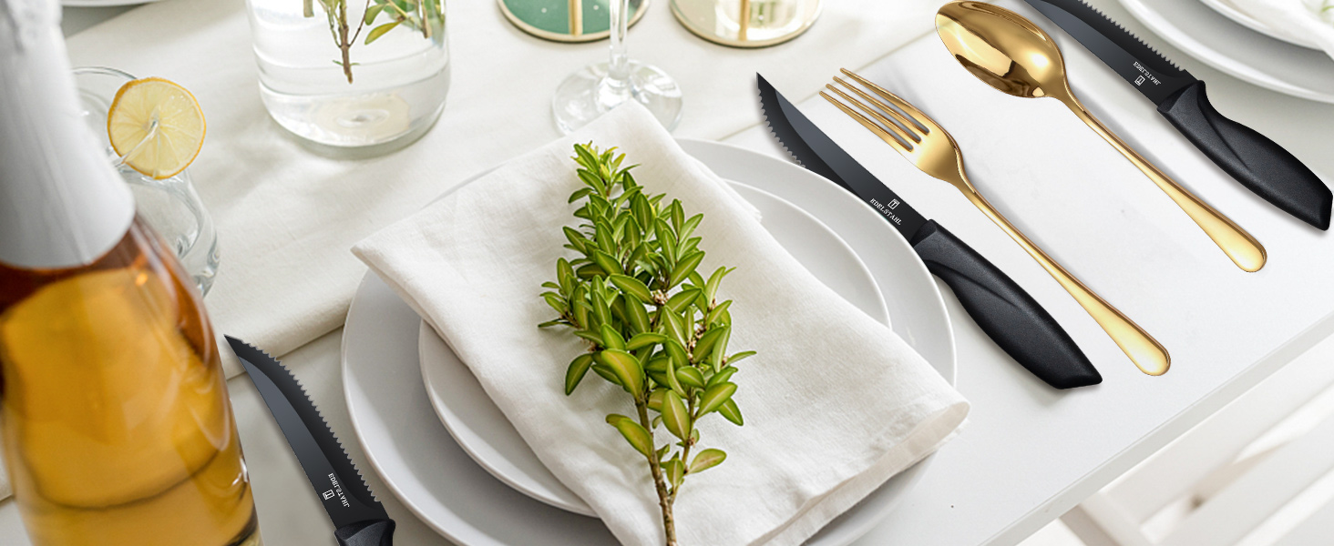 Набір столових приборів на 6 осіб, Targzier, 36 предметів, нержавіюча сталь, з ножем для стейку, високоякісний столовий прибор, ложки, виделки, ножі для сім'ї/вечірки/готелю, чорний, придатний для миття в посудомийній машині, 36 предметів, золотий прибор та чорний ніж для стейку