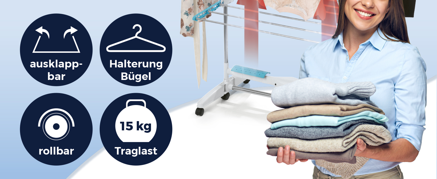 Електричний сушильний стійка EASYmaxx 900 з роликами, 9м довжини сушіння та 2 ярусами | Турбо стійка для білизни з бічними крилами та технологією повітряного потоку | 138x65x148 см