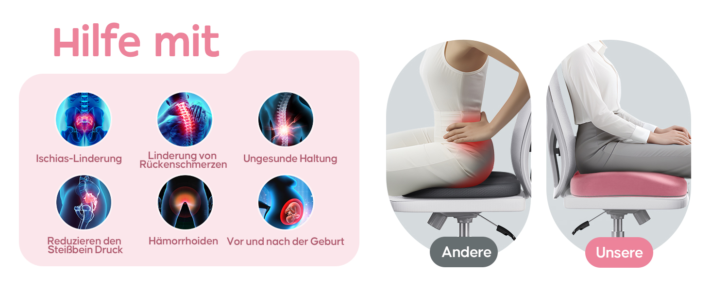 Ортопедична подушка для сидіння Benazcap Donut - для офісних крісел, авто та інвалідних візків. З піною з пам'яті для геморою, ішіасу, вагітності та після пологів (Рожева)