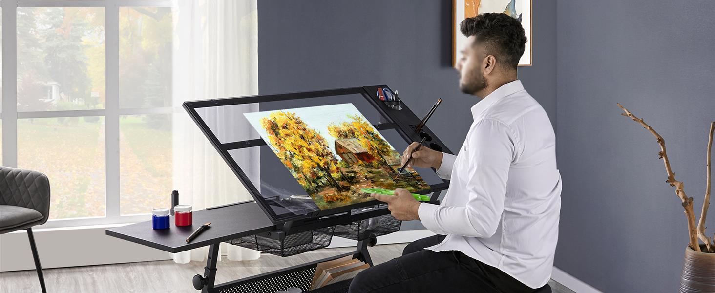 Yaheetech Adjustable Height Drafting Table Set with Tilt-Top, Storage & Stool - Drawing/Art Desk for Artists - Black