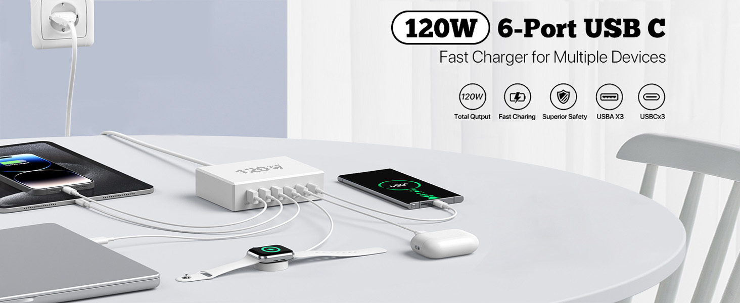 Зарядний пристрій USB-C 120W GaN, 6 портів, для iPhone/Samsung/Google/планшетів, білий