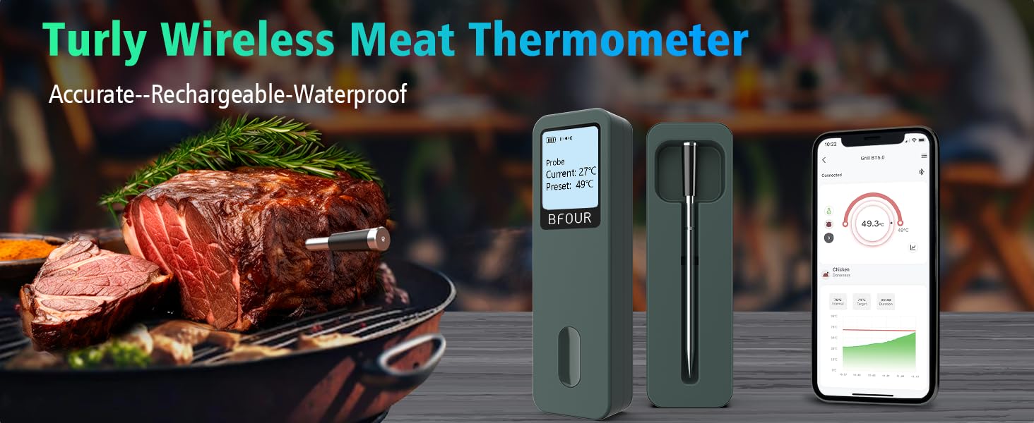 BFOUR Wireless Meat Thermometer Grill Thermometer Bluetooth with App, IP67 Waterproof Core Temperature Probe, Large Display Roasting Thermometer, App Control, for Grill, Oven, Rotisserie (Green)