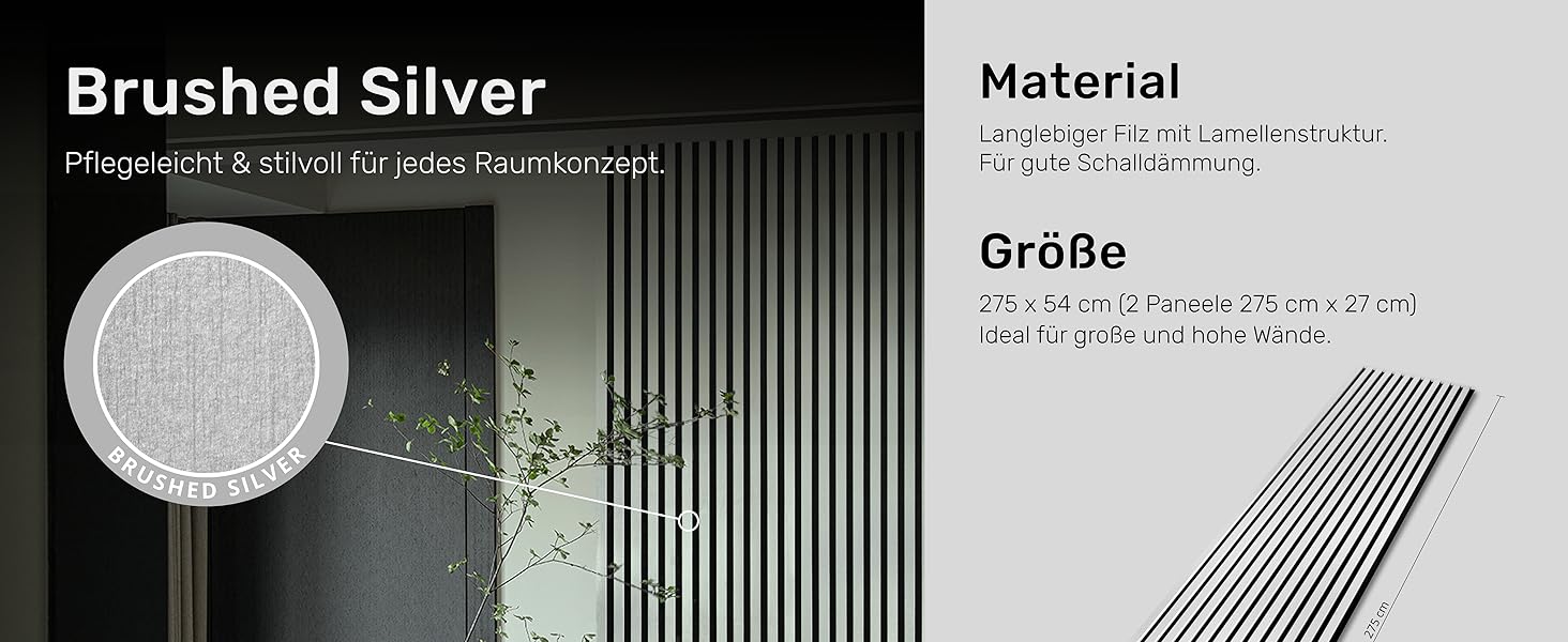 Акустичні настінні панелі з фетру Brushed Silver 364, комплект 2 шт. (275x54 см, загальна площа 1,485 м²)