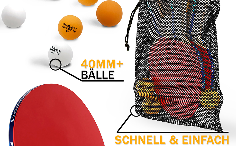 Набір для настільного тенісу PHIBER-SPORTS: 4 ракетки, 8 м'ячів, сумка | Для гри в приміщенні та на вулиці | Підходить для початківців, сімей та професіоналів