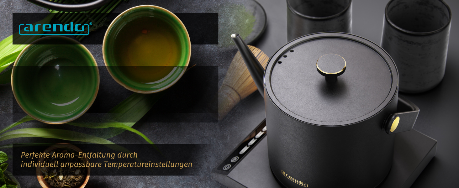 Arendo Stainless Steel Electric Kettle with Temperature Control - 40° to 100° - Keep Warm Function - 0.5 Liter - Sensor Buttons - 360° Swivel Base - Retro Design - Black