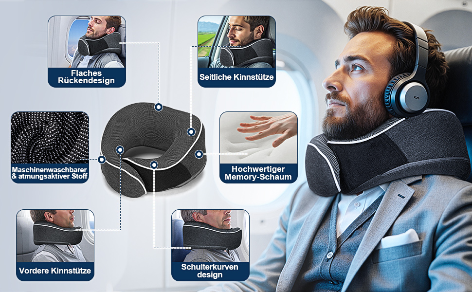 Подушка для шиї в літак, доросла, з піною з пам'яті, регульована та компактна, для автомобіля з навушниками, маскою для сну, чохлом
