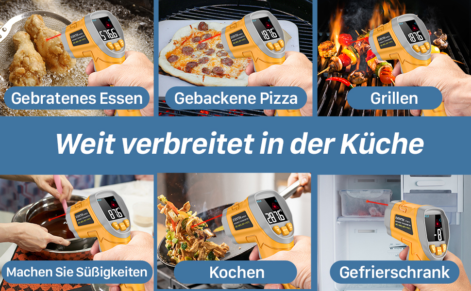 Інфрачервоний термометр Eventek -50°C ~ 600°C з лазером, регулюванням випромінювання та LCD-дисплеєм для гриля, піци, кухні та промисловості (жовтий)