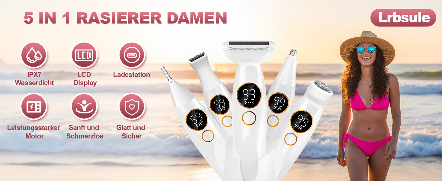 Електричний жіночий тример 5-в-1: для тіла, обличчя, брів та носа. Вологостійкий (IPX7) з USB-станцією.