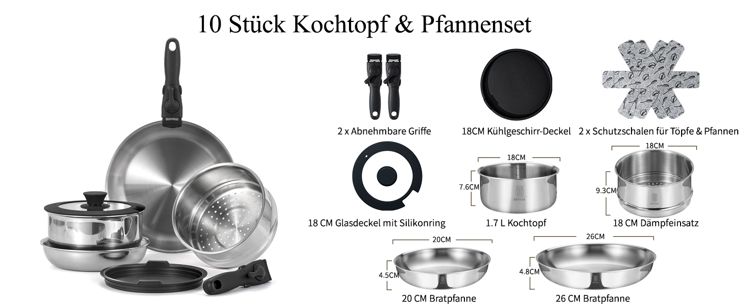 Набір каструль та сковорідок ROYDX з нержавіючої сталі 18/10 з знімними ручками, набір для індукційних плит, стікений, з кришкою, без PTFE PFOA, 10 предметів, придатний для миття в посудомийній машині та духовці
