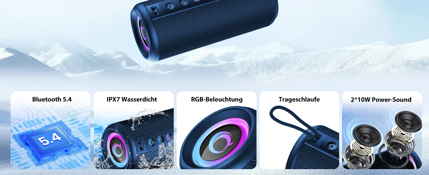 Bluetooth колонка 2026 з RGB підсвіткою, портативна, водонепроникна IP7, 20 годин роботи, з мікрофоном, для спорту, саду, вулиці - блакитна