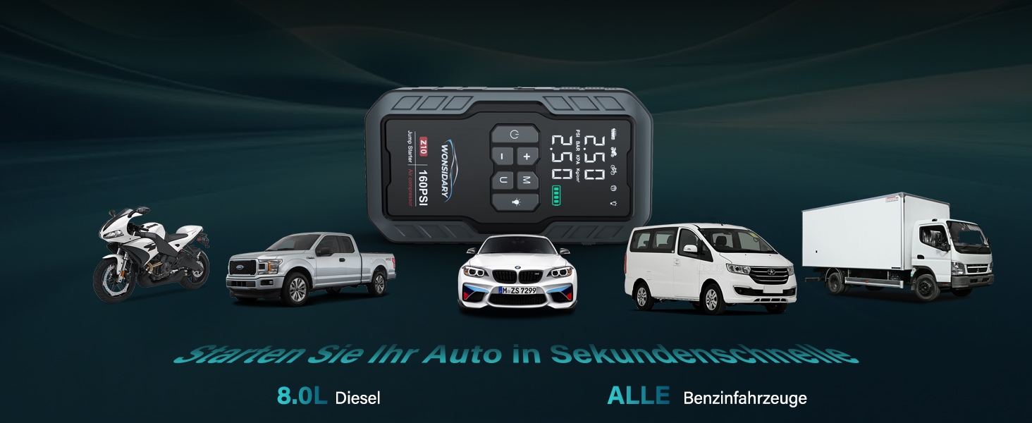 Powerbank для авто 27000 mAh з компресором 160 PSI, 12V, 8.0L, LED-ліхтарик, для бензинових та дизельних двигунів