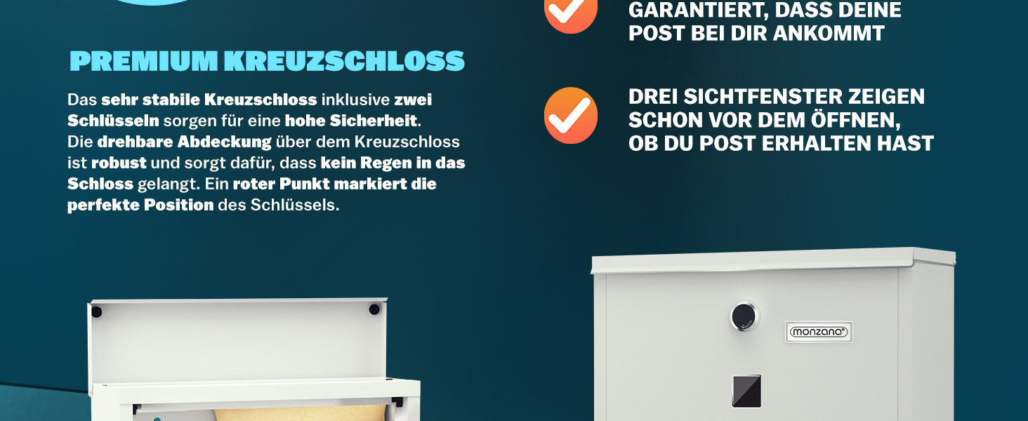 Поштовий ящик Monzana Kreuzschloss з мідним циліндром, поворотна кришка 31x10x34 см, вікно, табличка для імені, відділ для газет, сталь, 2 ключі, чорно-срібний (білий)