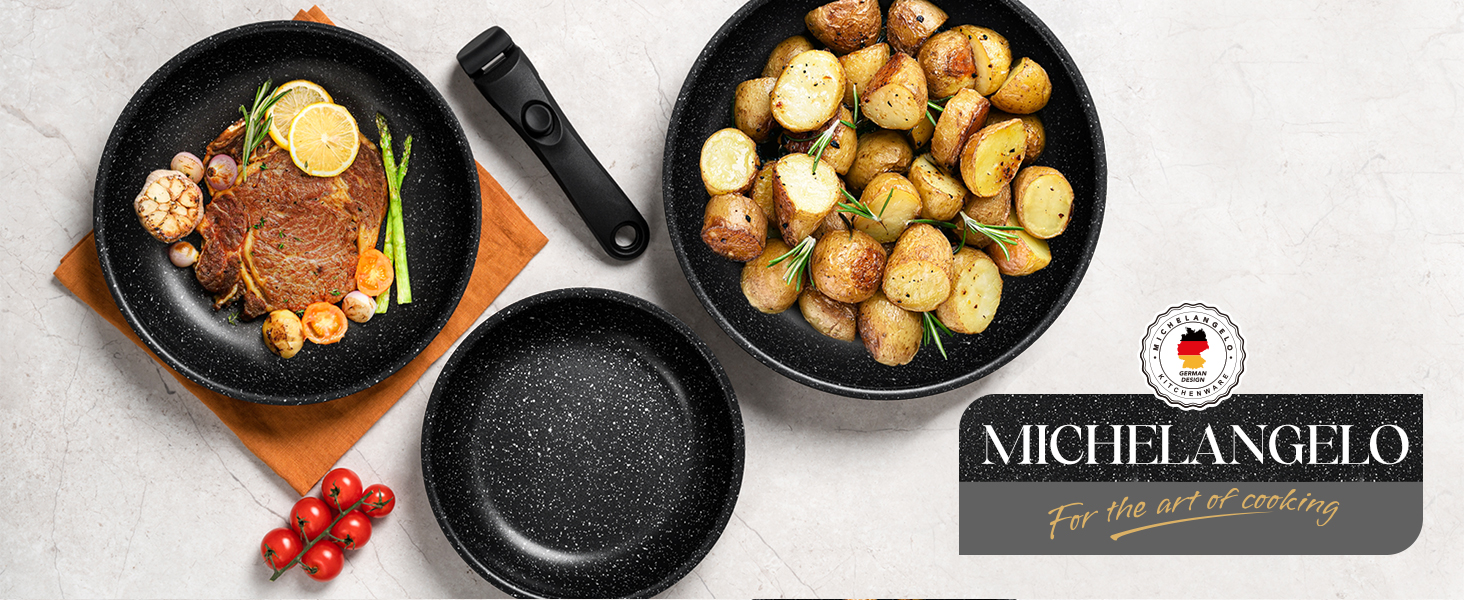 Набір сковорідок Michelangelo 4 шт. (20/24/28 см) знімний ручка, для індукції, антипригарне покриття мармур, до 240°C, чорний