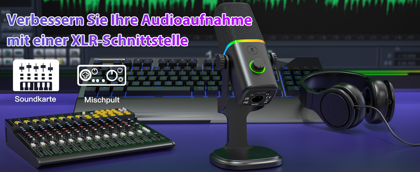 Динамічний мікрофон Haomuren XLR/USB з RGB-підсвіткою для геймінгу, подкастів та YouTube