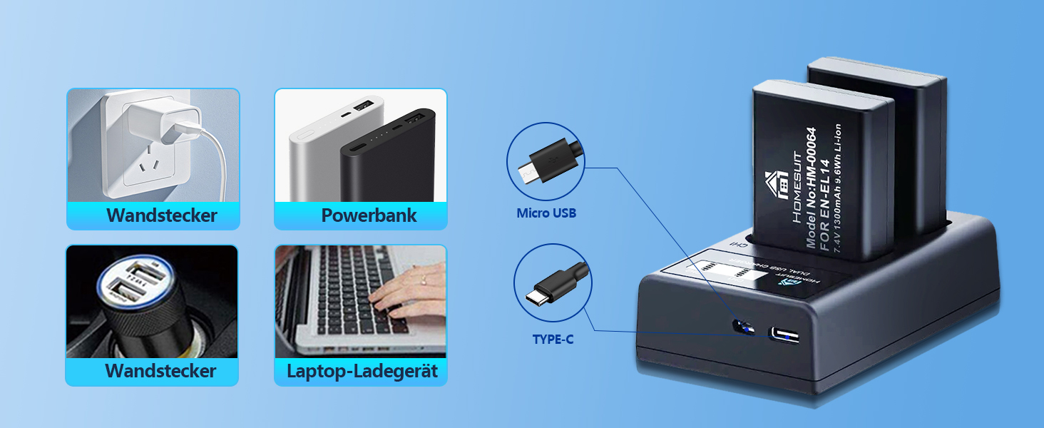 Акумулятор EN-EL14 1300mAh для Nikon + USB LED зарядний пристрій (2 шт.)