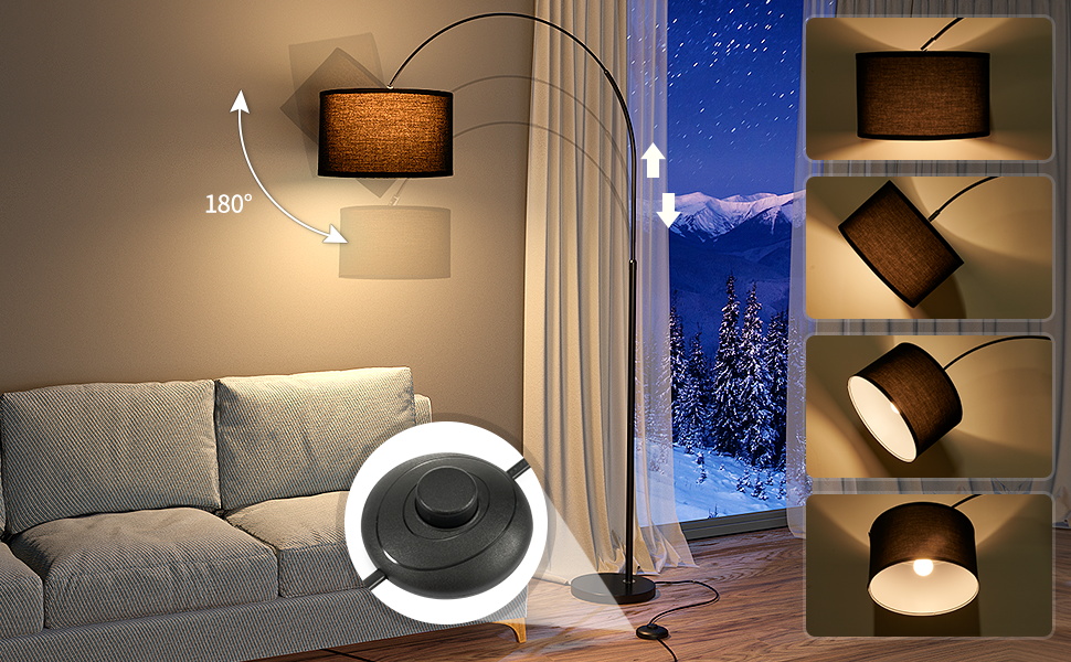 Торшер для вітальні JASMIN I з LED E27, чорний абажур 33 см, з вимикачем на нозі, торшер-арка, вінтажний стиль, підходить для спальні, готелю