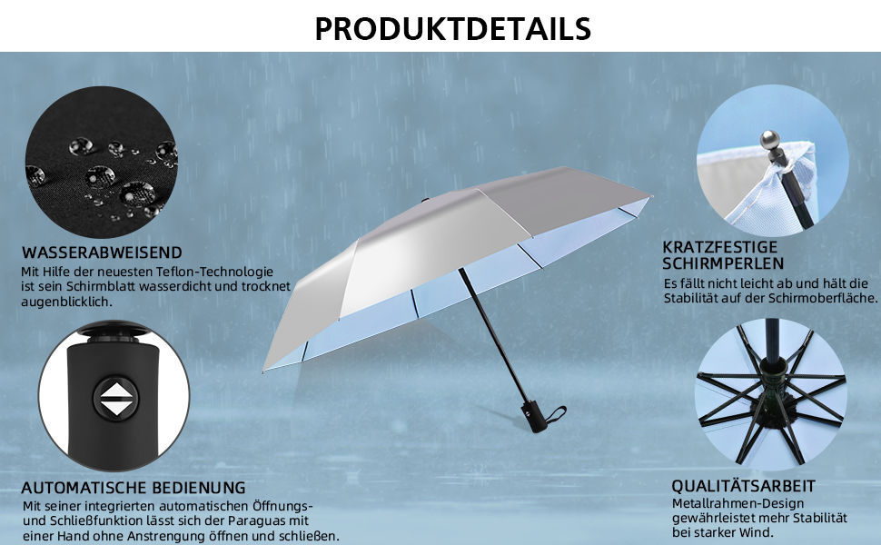 Зонт від сонця та дощу, 46 дюймів (117 см), 8-ми рифлений, вітростійкий, автоматичний, для чоловіків та жінок, срібно-чорний