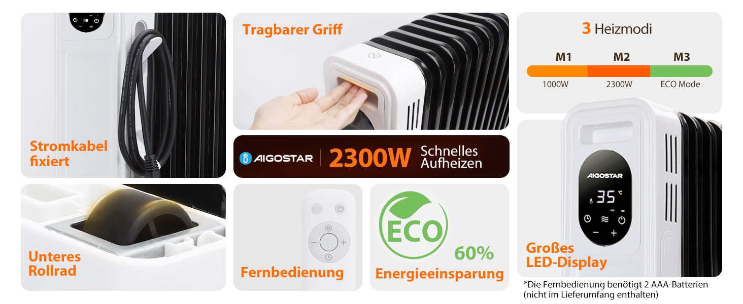 Електричний масляний радіатор Aigostar Cozy 2300W з пультом керування, 11 ребер, термостат, 3 режими, таймер 24г, LED-дисплей, захист від перекидання та перегріву
