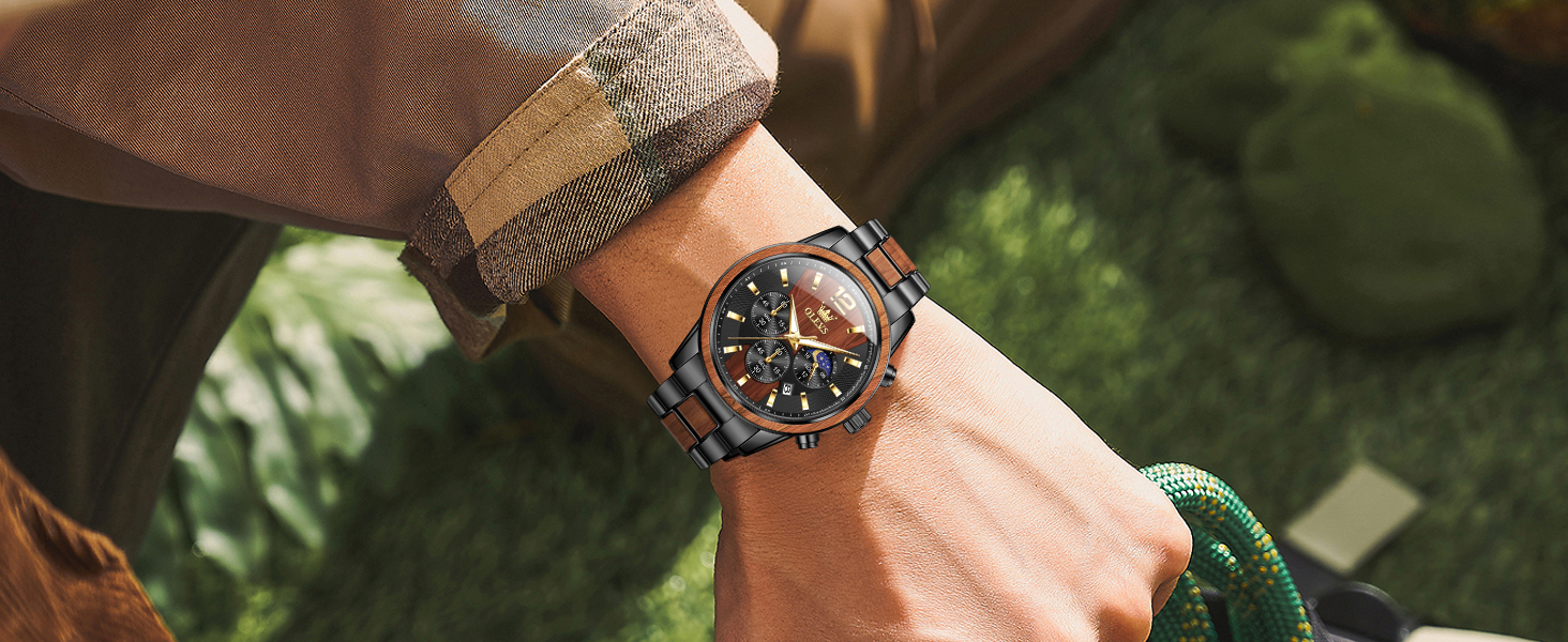 Годинник чоловічий OLEVS 3645-schwarz+braun: аналоговий кварц, дерев'яний ремінець, хронограф, водостійкий, з підсвічуванням. Преміум-якість, ідеальний подарунок.