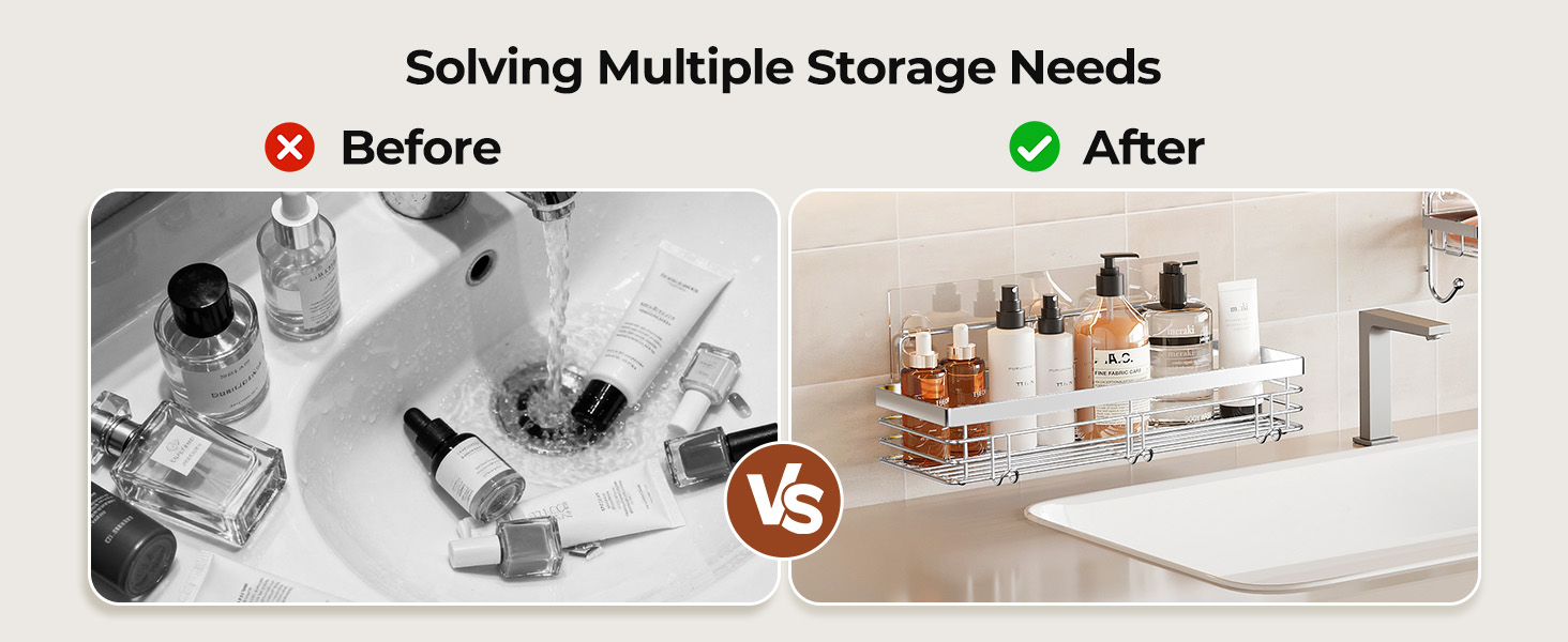 Полка для душу Orimade без свердління з 5 гачками, 2 шт. з нержавіючої сталі, срібло