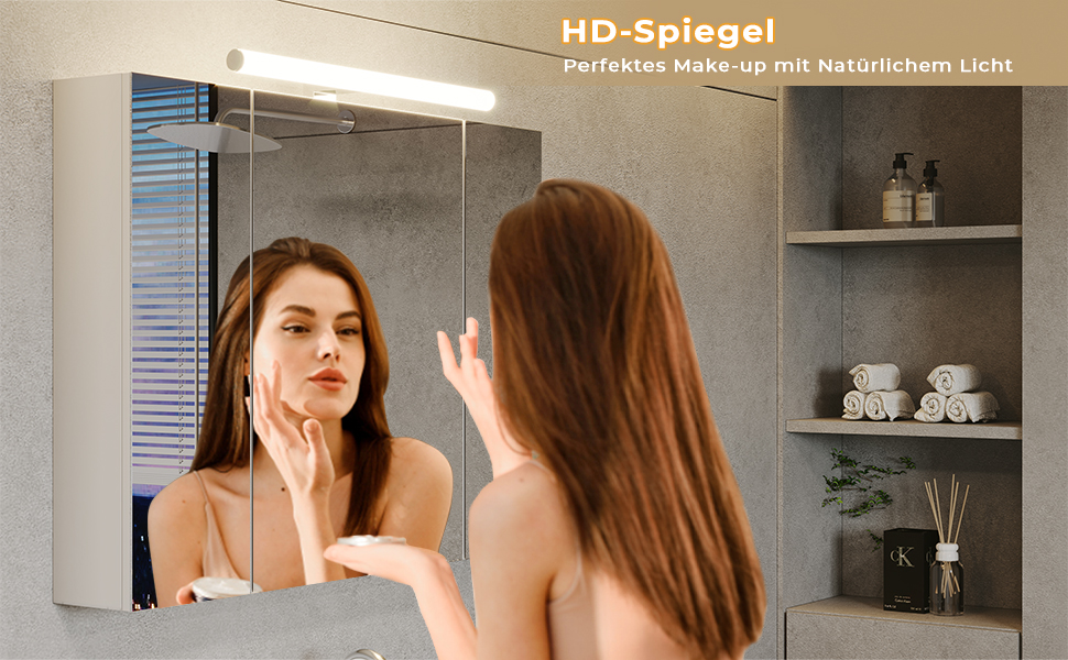 Шафа-дзеркало для ванної кімнати DICTAC з LED-підсвічуванням, розеткою та вимикачем світла (80x16x60 см), 3 дверцята, білий колір